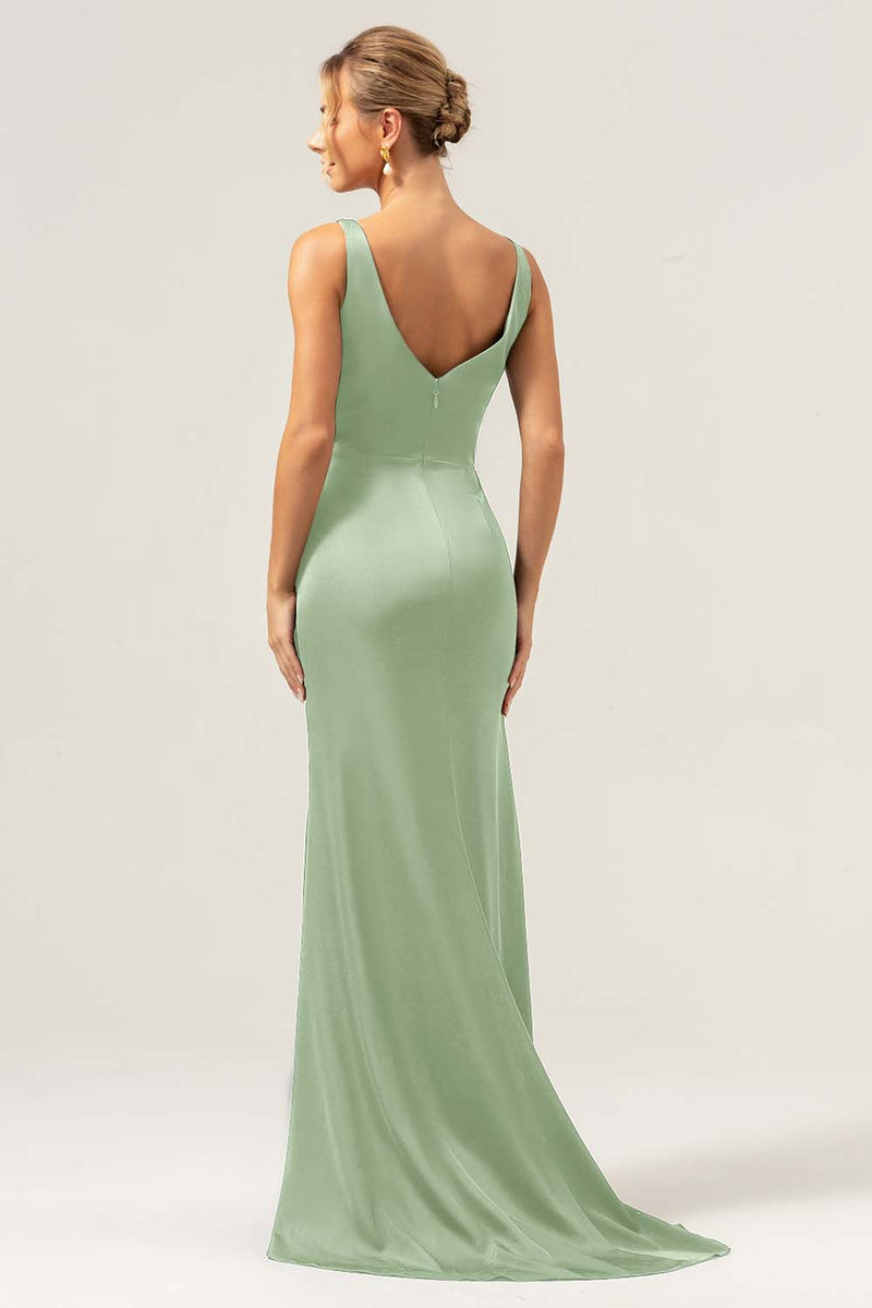 Load image into Gallery viewer, Dark Green Sheath V Neck Ruched High-Low Bridesmaid Dress with Slit