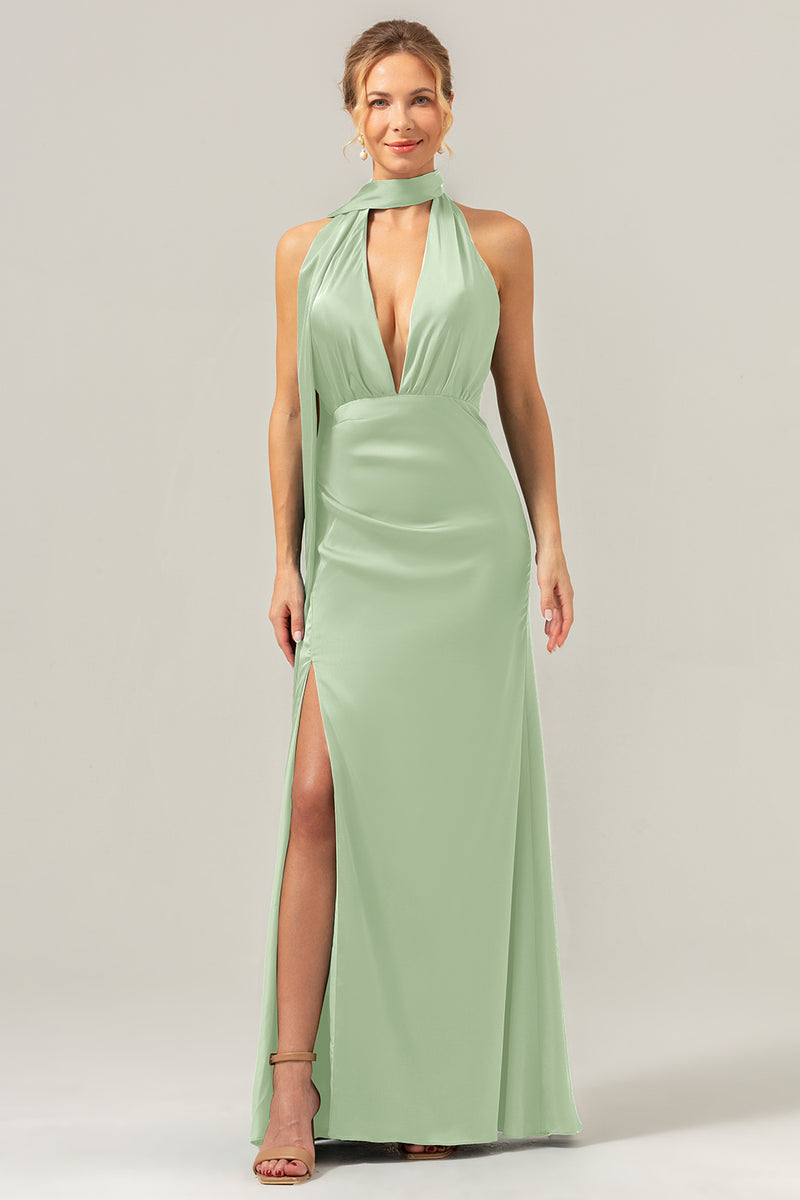 Load image into Gallery viewer, Peacock Sheath V-Neck Backless Long Bridesmaid Dress with Slit