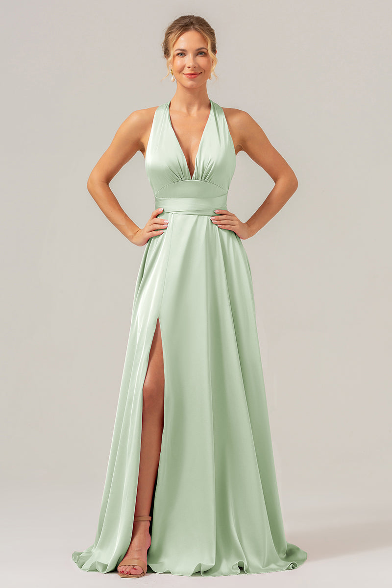 Load image into Gallery viewer, Pink A Line V-Neck Backless Satin Long Bridesmaid Dress with Slit