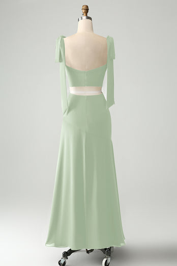 Olive A Line Spaghetti Straps Floor Length Wedding Guest Dress with Slit