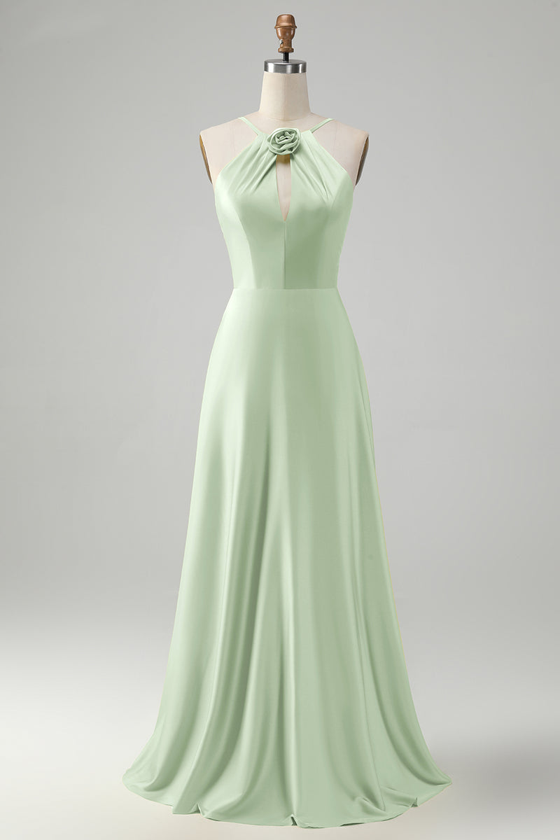 Load image into Gallery viewer, Yellow A Line Halter Cut Out Long Bridesmaid Dress with Flower