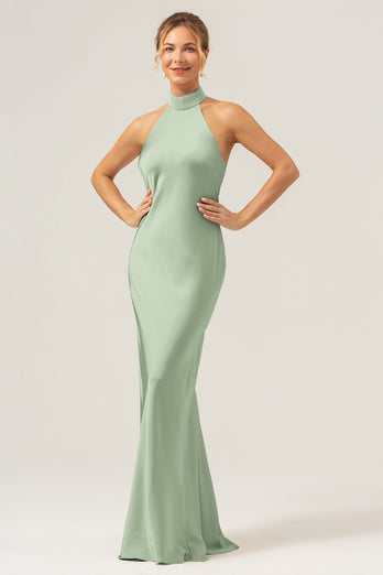 Champagne Sheath Halter Long Bridesmaid Dress With Slit