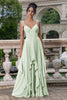 Load image into Gallery viewer, Matcha A Line Spaghetti Straps Long Bridesmaid Dress with Ruffles