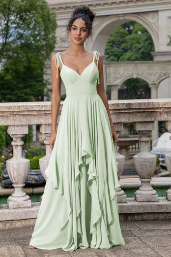 Matcha A Line Spaghetti Straps Long Bridesmaid Dress with Ruffles