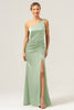 Load image into Gallery viewer, Olive Mermaid One Shoulder Backless Satin Long Bridesmaid Dress