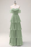 Eucalyptus A Line Off the Shoulder Tiered Pleated Long Bridesmaid Dress with Slit