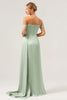 Load image into Gallery viewer, Sage Mermaid Off The Shoulder Pleated Satin Bridesmaid Dress with Slit