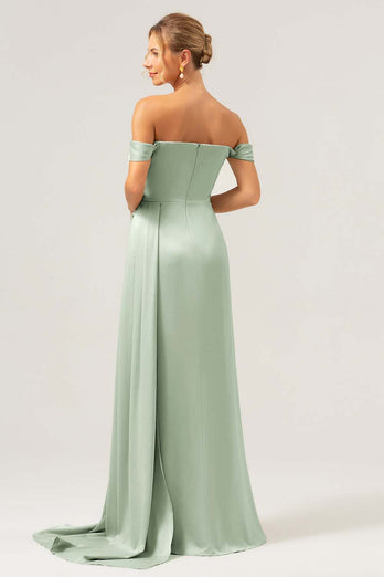 Sage Mermaid Off The Shoulder Pleated Satin Bridesmaid Dress with Slit