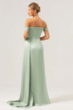 Sage Mermaid Off The Shoulder Pleated Satin Bridesmaid Dress with Slit