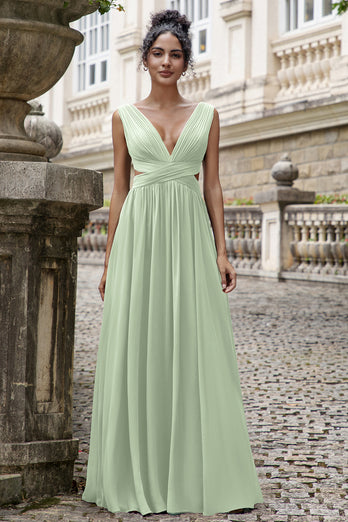 Dark Green A Line V Neck Pleated Chiffon Long Bridesmaid Dress with Lace-up Back