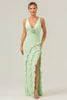 Load image into Gallery viewer, Lime Sheath Deep V Neck Backless Long Bridesmaid Dress with Ruffle Slit