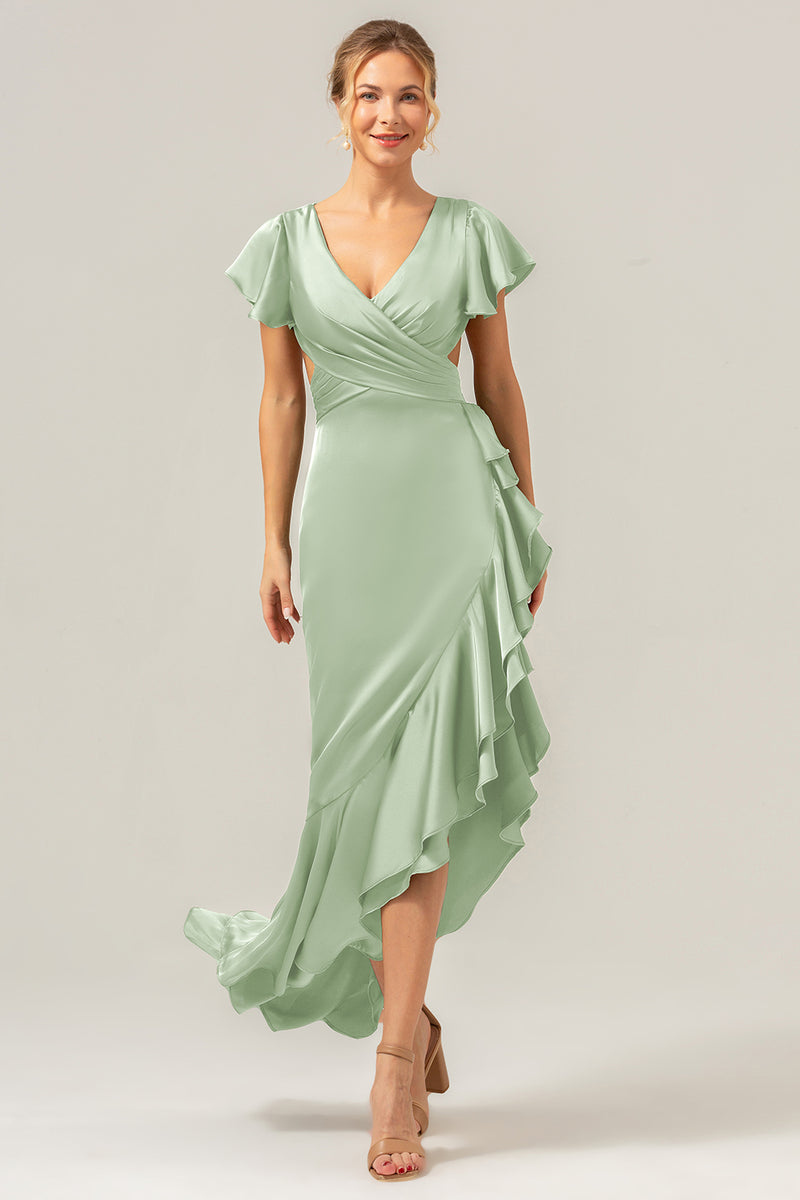 Load image into Gallery viewer, Olive A Line V Neck Satin Asymmetrical Bridesmaid Dress with Ruffle Slit