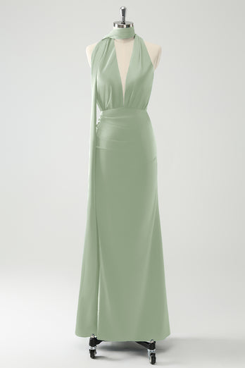 Peacock Sheath Halter Backless Bridesmaid Dress with Slit