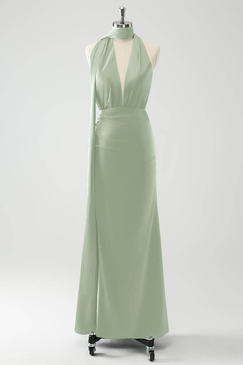 Load image into Gallery viewer, Peacock Sheath Halter Backless Bridesmaid Dress with Slit