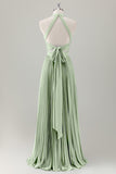 Grey Blue A Line Halter Long Bridesmaid Dress with Slit