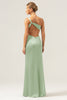 Load image into Gallery viewer, Olive Mermaid One Shoulder Backless Satin Long Bridesmaid Dress