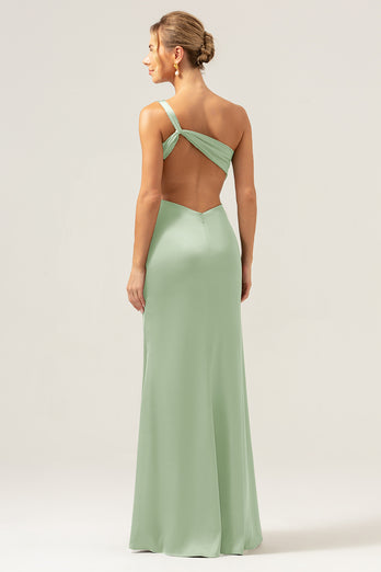 Olive Mermaid One Shoulder Backless Satin Long Bridesmaid Dress