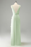 Lime Sheath Deep V Neck Ruffled Wedding Guest Dress with Slit