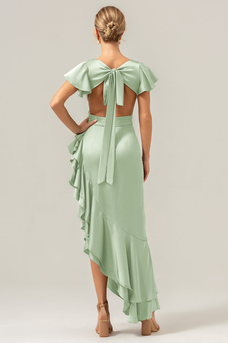 Load image into Gallery viewer, Olive A Line V Neck Satin Asymmetrical Bridesmaid Dress with Ruffle Slit