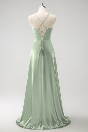 Dark Green A-Line Ruched Lace-Up Back Satin Long Bridesmaid Dress