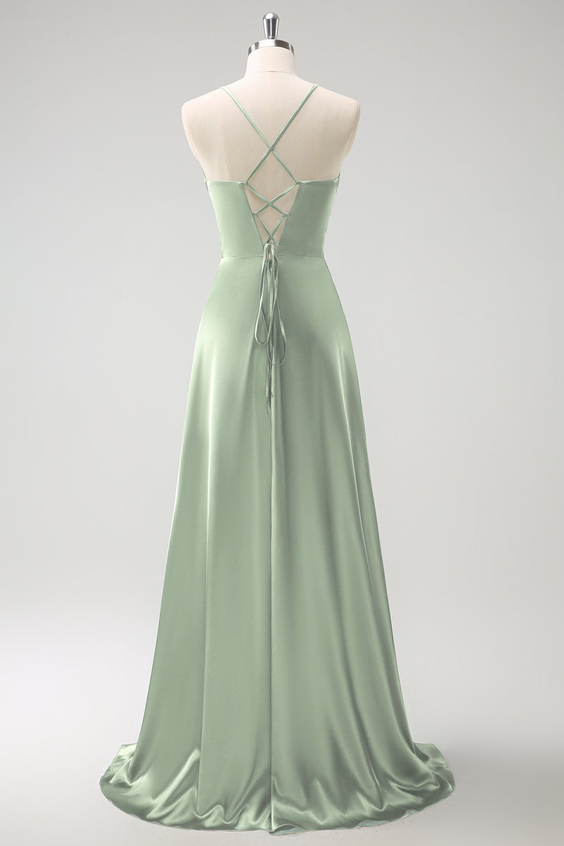 Load image into Gallery viewer, Dark Green A-Line Ruched Lace-Up Back Satin Long Bridesmaid Dress