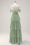 Eucalyptus A Line Off the Shoulder Tiered Pleated Long Bridesmaid Dress with Slit
