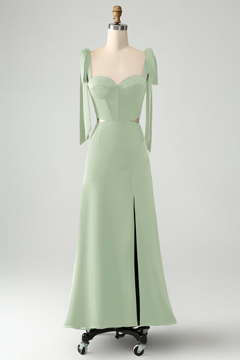 Olive A Line Spaghetti Straps Floor Length Wedding Guest Dress with Slit