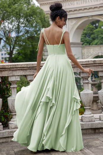 Matcha A Line Spaghetti Straps Long Bridesmaid Dress with Ruffles