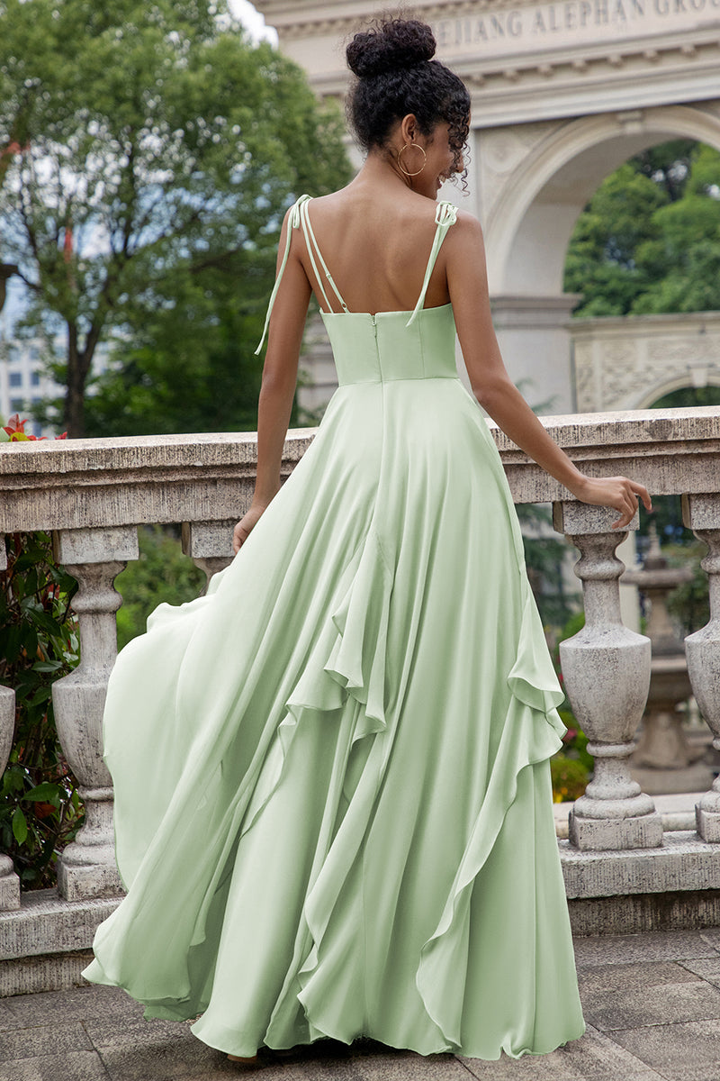 Load image into Gallery viewer, Matcha A Line Spaghetti Straps Long Bridesmaid Dress with Ruffles