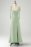 Olive A Line Spaghetti Straps Floor Length Wedding Guest Dress with Slit