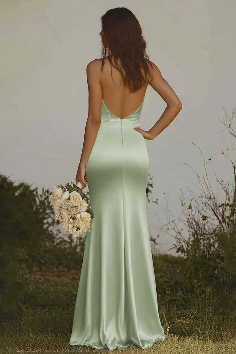 Load image into Gallery viewer, Light yellow Halter Mermaid Satin Bridesmaid Dress