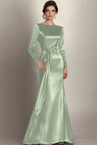 Black Mermaid Long Sleeves Satin Ruched Long Mother of the Bride Dress
