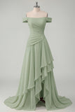 Off the Shoulder Chiffon Butter Yellow A-Line Ruffled Maxi Dress with Slit