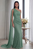 Navy One Shoulder Sheath Ruched Long Evening Dress with Side Cape