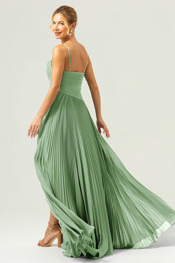 A-Line Spaghetti Straps Pleated Chiffon Eucalyptus Bridesmaid Dress with Slit