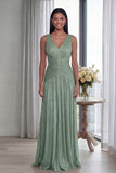 Dusty Rose A Line V Neck Pleated Long Evening Dress