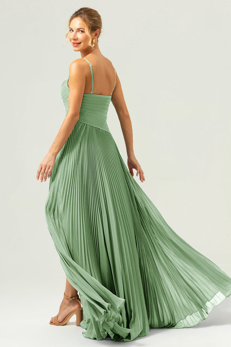 Load image into Gallery viewer, A-Line Spaghetti Straps Pleated Chiffon Eucalyptus Bridesmaid Dress with Slit