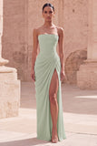 Strapless Light Pink Sheath Ruched Long Prom Dress with Slit