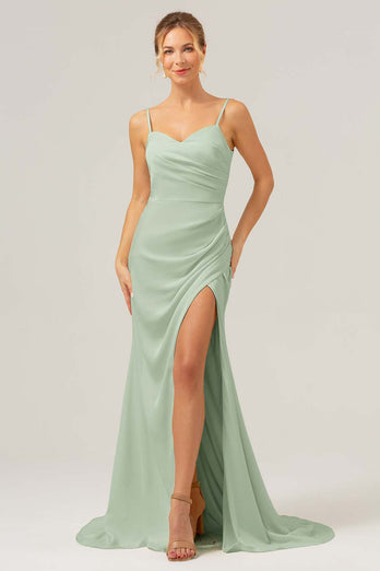 Ivory Sheath Spaghetti Straps Ruched Long Satin Bridesmaid Dress With Slit