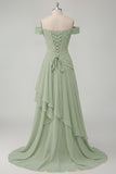 Off the Shoulder Chiffon Butter Yellow A-Line Ruffled Maxi Dress with Slit