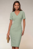 Bodycon Navy V-Neck Short Sleeves Midi Work Dress with Slit