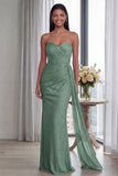 Back Strapless Sheath Ruched Long Evening Dress with Ribbon