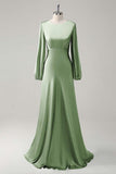 A Line Round Neck Long Sleeves Sage Bridesmaid Dress