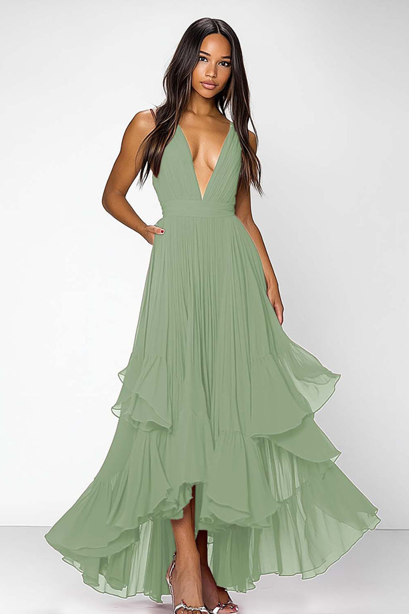 Load image into Gallery viewer, Red Deep V Neck Ruched Ruffles A Line Formal Dress