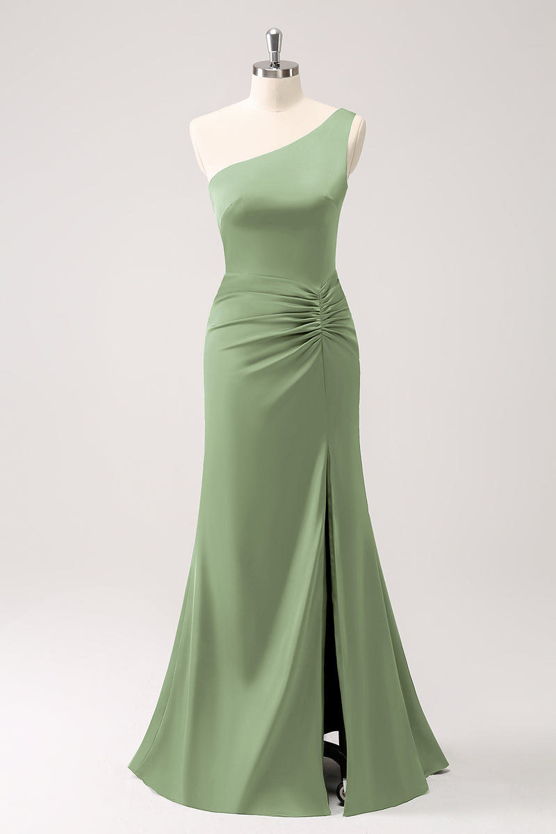 Load image into Gallery viewer, Olive One Shoulder Mermaid Satin Long Bridesmaid Dress