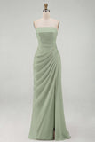 Strapless Light Pink Sheath Ruched Long Prom Dress with Slit