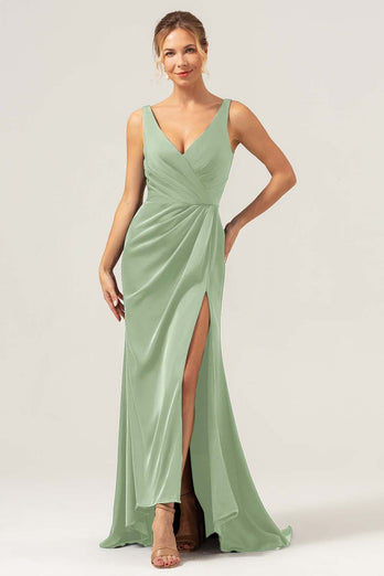 Dark Green Sheath V Neck Ruched High-Low Bridesmaid Dress with Slit