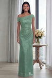 Dark Green Off the Shoulder Sheath Ruched Long Evening Dress