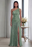 Golden Pleated A Line One Shoulder Long Evening Dress with Slit