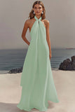 White Sheath Halter Chiffon Long Graduation Dress